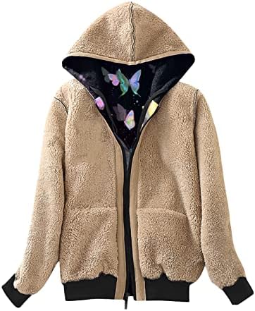 Hölgyek Megvastagodott Kabátban, Pillangók Nyomtatás Divatos Gyapjú Bélelt Kapucnis Téli Pulóver Kabát Kabát Oldalán Pockets