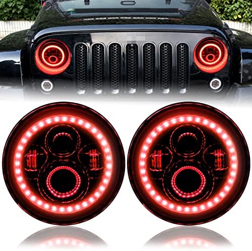 DDUOO LED-es Fényszórók a Jeep Wrangler, 7 colos Kerek LED-es Fényszórók, Vörös Halo Gyűrű kompatibilis a Jeep Wrangler JK