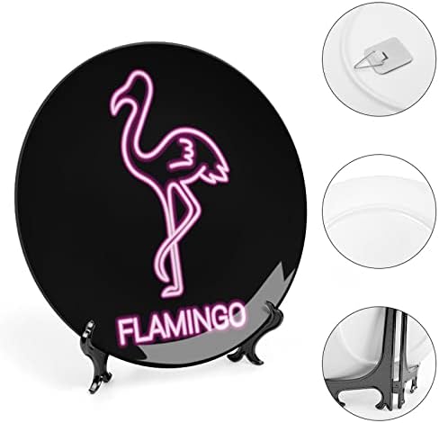 Flamingo Neon Fény Vicces porcelán Díszítő Tányér Kerek Kerámia lapok Kézműves Display Állvány Home Office Fali Dekoráció
