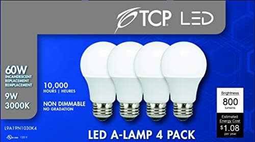 TCP LED 60 Watt Egyenértékű 19 | 4 Csomag | Meleg Fehér (3000K) Összetörik Ellenálló | 800 Lumen | 10.000 Óra | Nem-Szabályozható