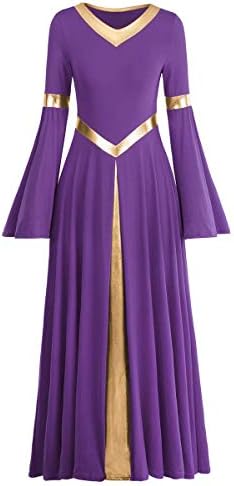 A Nők Fém V-Nyak Dicséret Tánc Ruha Liturgikus Istentisztelet Jelmez Bi Color Bell Hosszú Ujjú Egyház Köntös Praisewear
