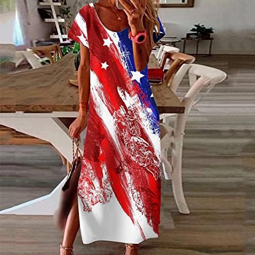 A július 4-i Ruha Női Nyári Alkalmi Bohém Maxi Ruha Amerikai Zászló Rövid Ujjú Scoop Nyak Tie-Dye Hosszú nyári Ruha