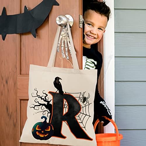 Halloween Kezdeti Tote Bags Ajándékok Fiúk Lányok - 15x16 - Csokit vagy Csalunk Leveleket Vászon Táska - Tök Jó Táska